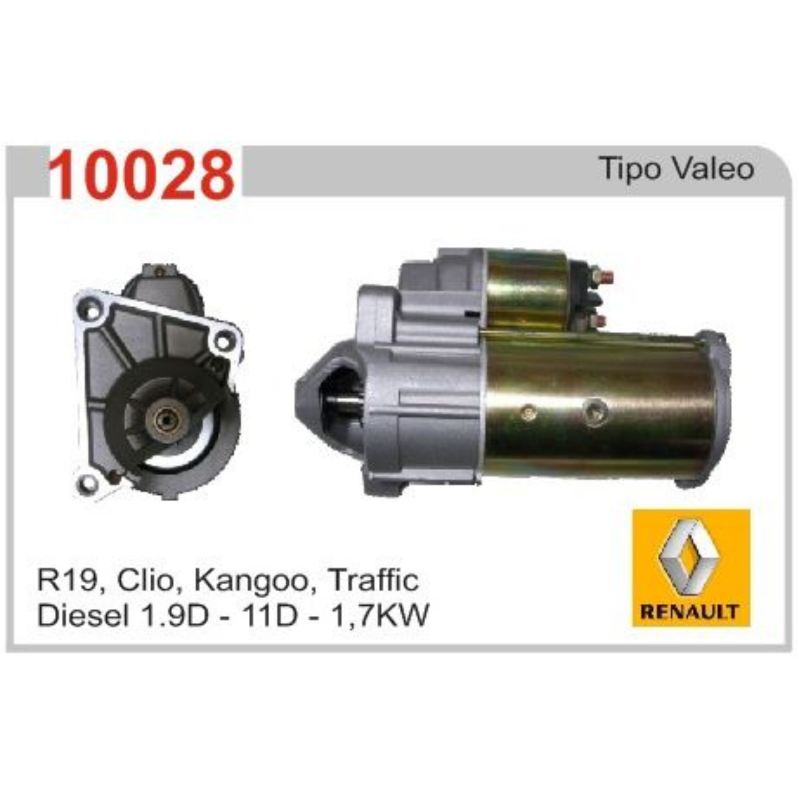 MOTOR DE ARRANQUE R19, CLIO, KANGOO, TRAFFIC DIESEL 1.9 (Reemplazo 10067)