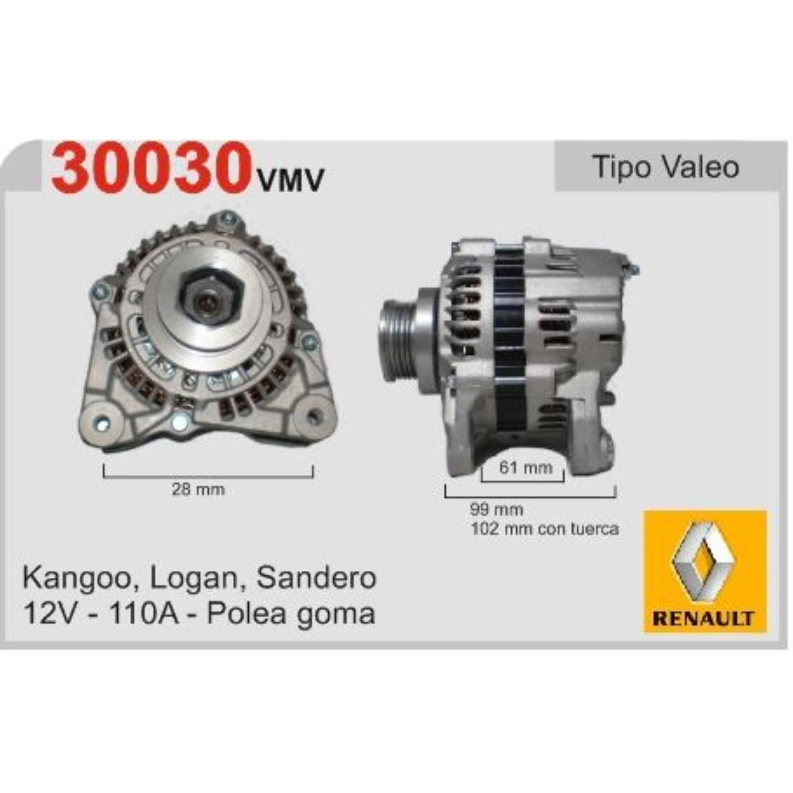 ALTERNADOR KANGOO, LOGAN, SANDERO - POLEA GOMA VALEO