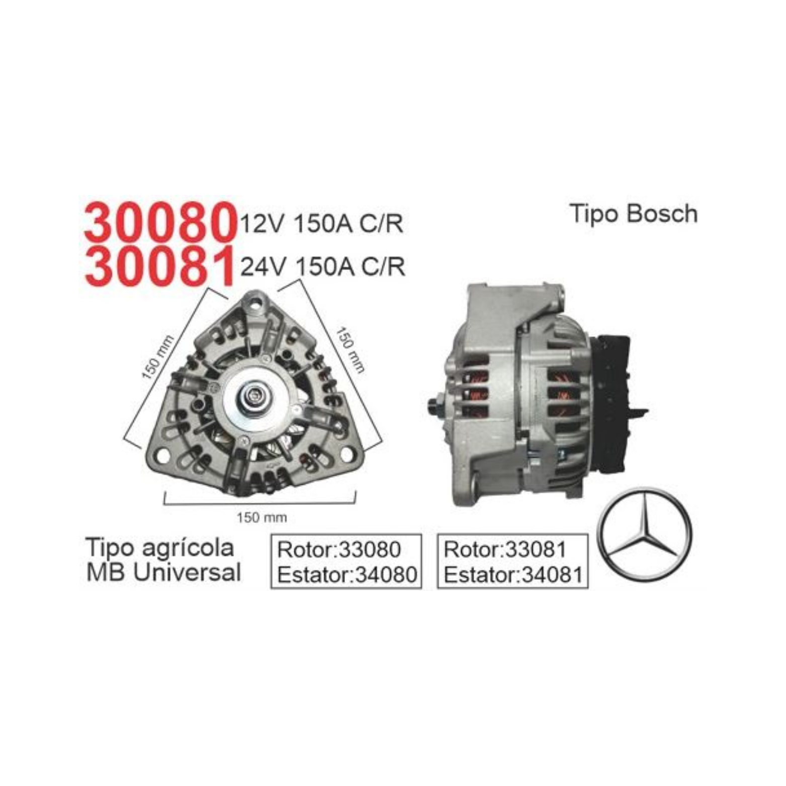 ALTERNADOR BOSCH 24V 150A MERCEDES BENZ 1624 AXOR ATEGO INTELIGENTE 5 PIN PATA 80mm