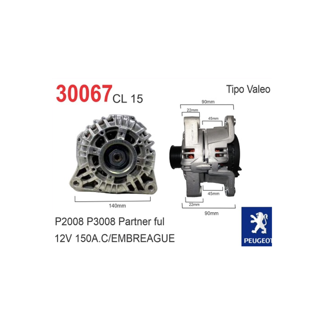 ALTERNADOR VALEO 12V 150A 6PK POLEA EMBRAGUE PEUGEOT P-206 P-306 PARTNER FIAT QUBO DIESEL CL15