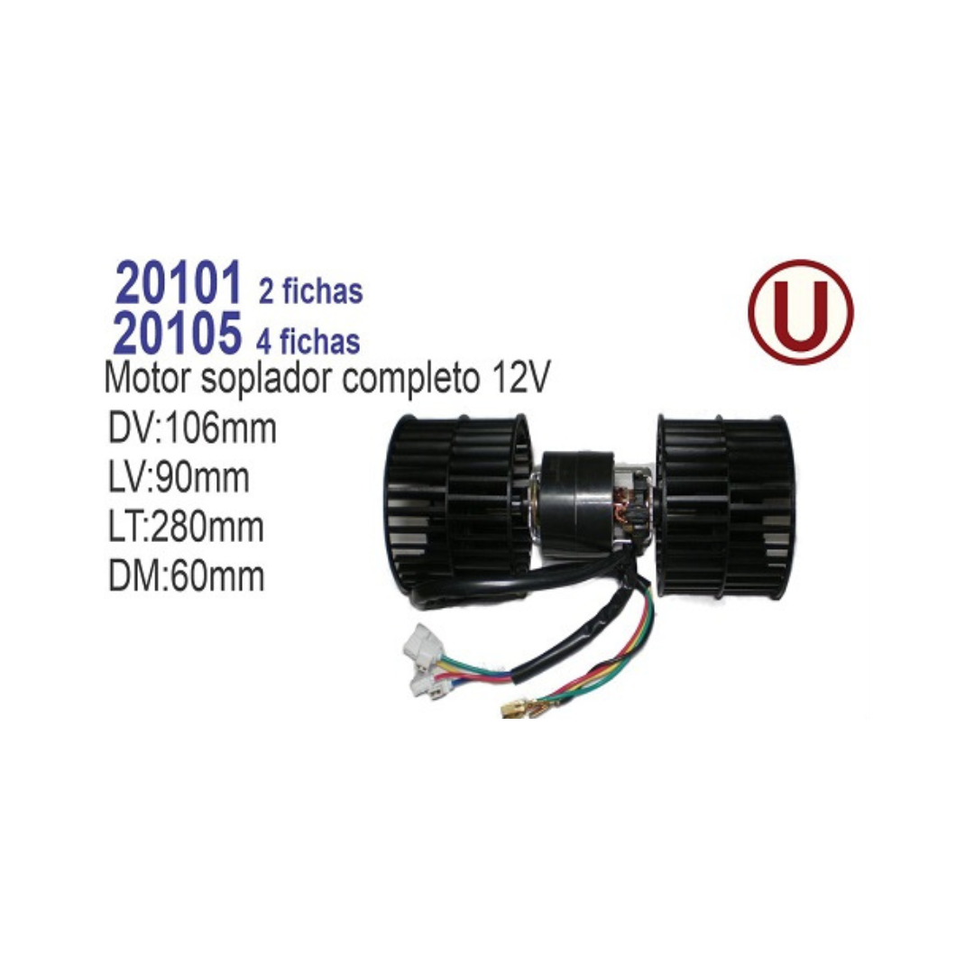 MOTOR SOPLADOR COMPLETO 12V UNIVERSAL REFORZADO CON TURBINAS DM 62MM DT 105MM LT 90MM