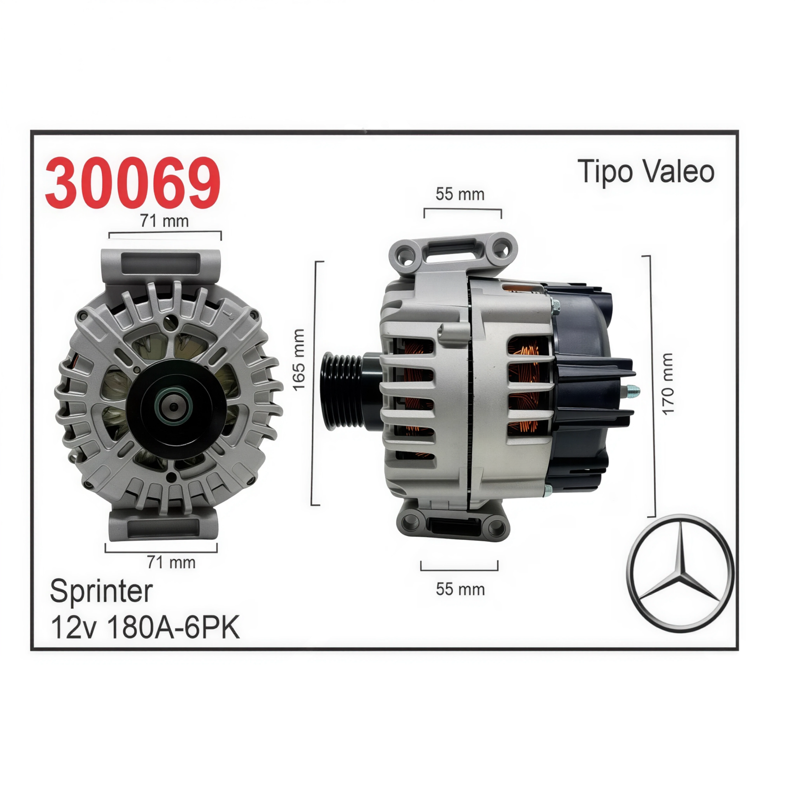 ALTERNADOR VALEO 12V 180A 6PK MERCEDES BENZ SPRINTER PATA CRUZADA
